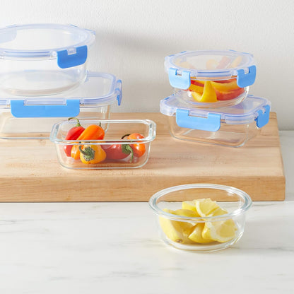 Amazon Basics Glass Food Storage Containers with BPA-Free Locking Lids - Set of 14 Pieces, Clear with Blue Silicone Seals, Microwave and Freezer Safe, Dishwasher Safe, Durable and Easy to Clean