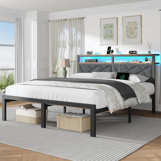 ChicZhiNest King Bed Frame with Charging Station, LED Lights, Heavy Duty Metal Slats, Headboard with Upholstered Back and Storage Shelves, No Box Spring, Noise-Free, Easy Assembly, Dark Gray