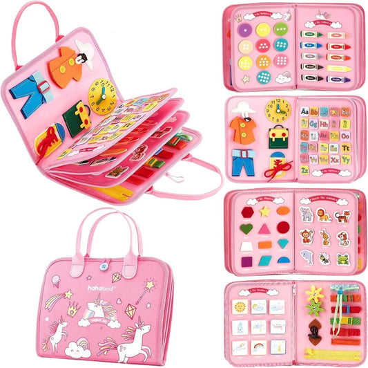 ZuuCrawns Montessori Busy Board Travel Toys for Toddlers 1-3 for Plane - Preschool Learning & Education Toys for 3 Year Old boy & Girl - Sensory Busy Book with Zipper & 3 Detachable Page