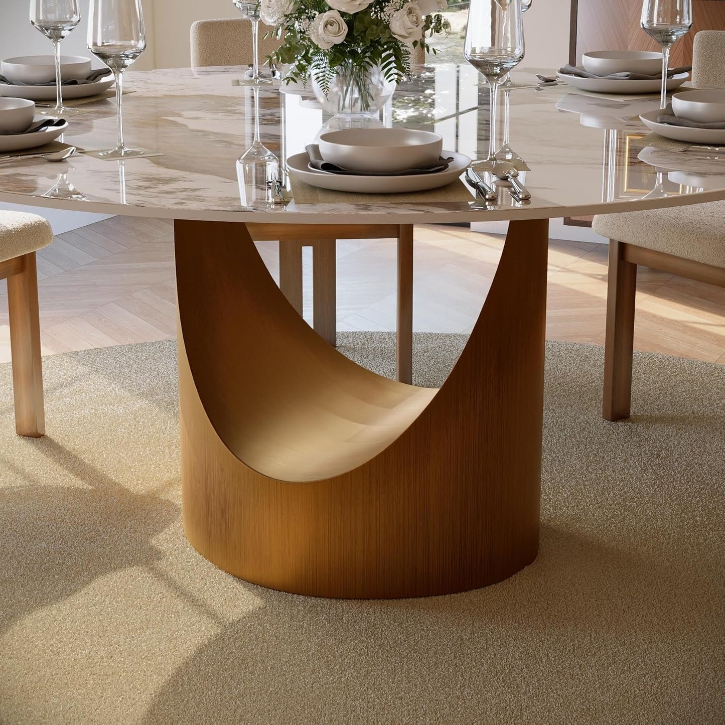POVISON Round Dining Table for 4-6, 60" Glossy White Sintered Stone Tabletop Dining Table with Bronze Carbon Steel Pedestal, Modern Dining Room Table for Kitchen, Living Room (Table Only)