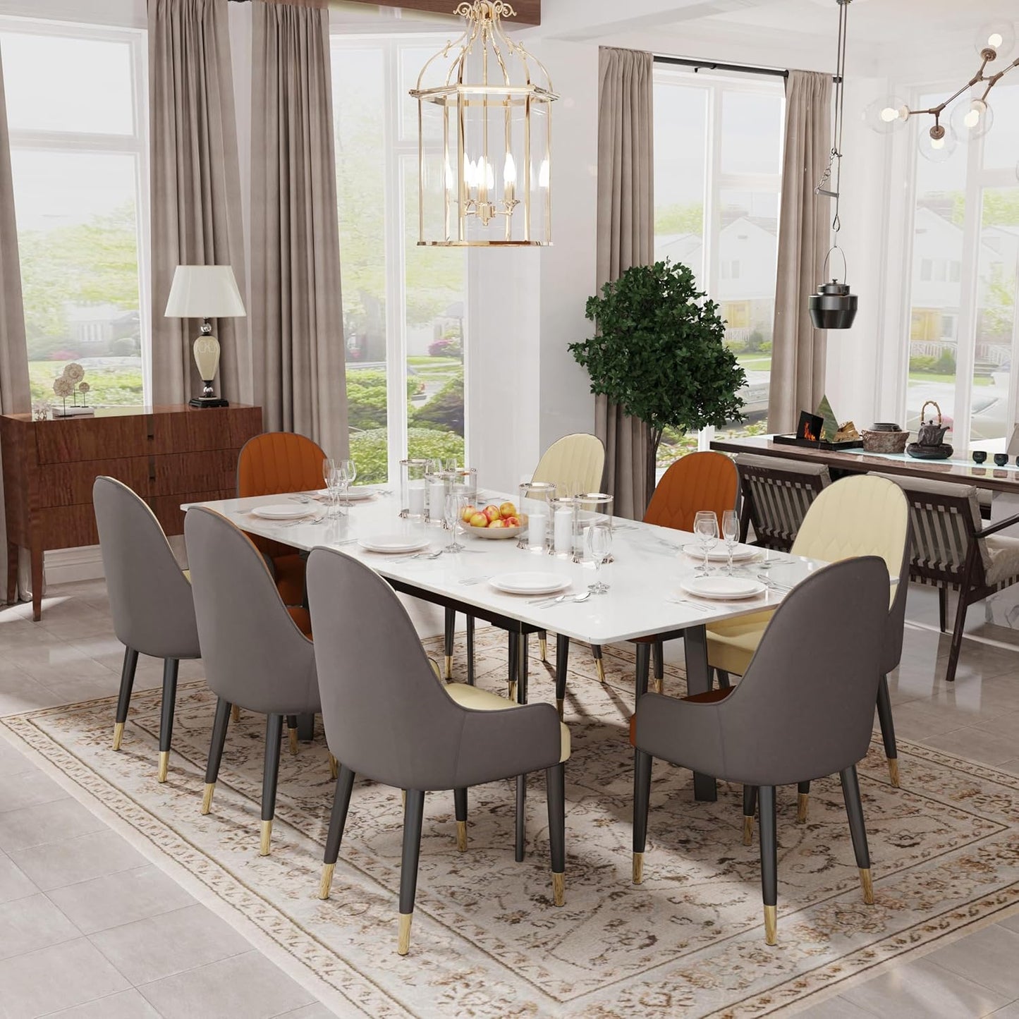 Extendable Dining Table Sintered Stone: Rectangular Kitchen Room Table Stretchable 150cm - 180cm Snow Mountain White Marble Texture Leaves Tables 6-8 Seater with Flat-Sided Oval Steel Legs