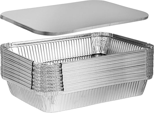 PLASTICPRO Disposable 4 LB Aluminum Takeout Tin Foil Oblong Baking Pans 12'' X 8'' X 2'' Inch With Cardboard Lids Bakeware - Cookware Perfect for Cakes, Lasagna, or Pack of 10 Pans and 10 Lids