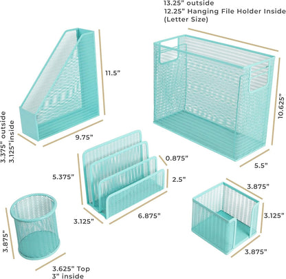 Blu Monaco 5 Piece Cute Office Supplies Aqua Desk Organizer Set - with Desktop Hanging File Organizer, Magazine Holder, Pen Cup, Sticky Note Holder, Letter sorter - Aqua Desk Accessories