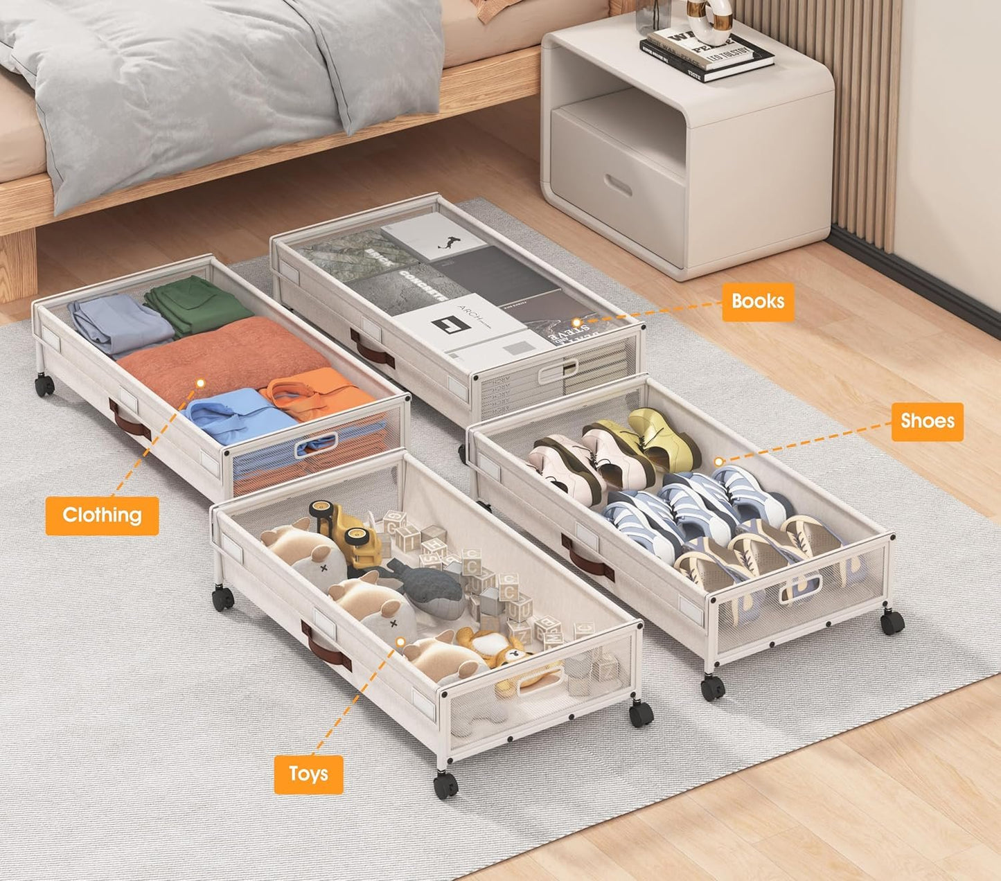 2 Pack Under Bed Storage with Wheels, DEWVIE Metal Under Bed Storage Containers with PVC Clear Lids, Rolling Under Bed Shoe Storage Organizer Under Bed Drawers for Clothes, Books, Toys (White)