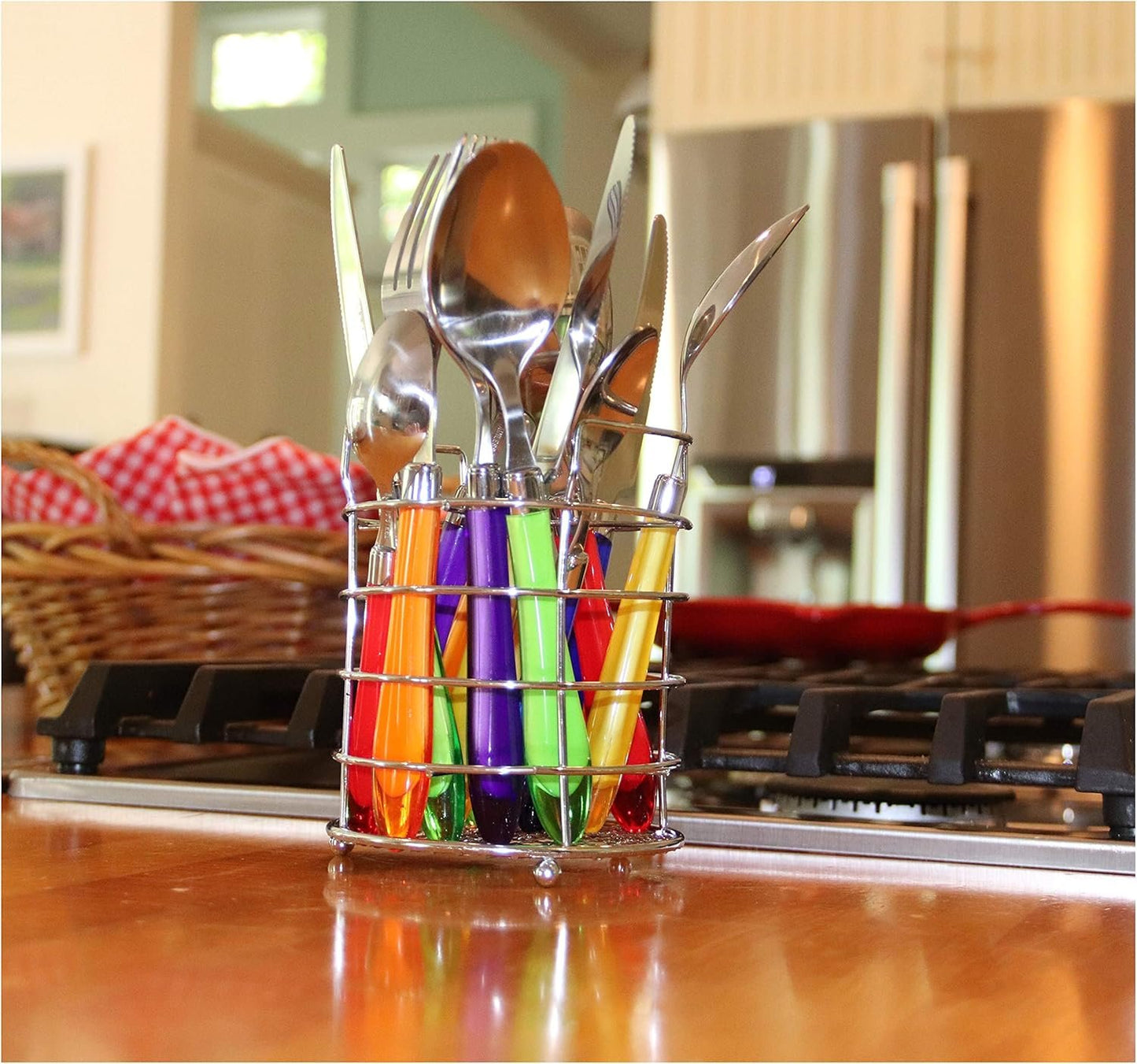 The Original Brink House Rainbow Mix & Match Stainless Steel Cutlery Set with Translucent Handles / 16 pieces with Metal Stand/Lifestyle utensils set for home, first apartment, dorm, outdoor events