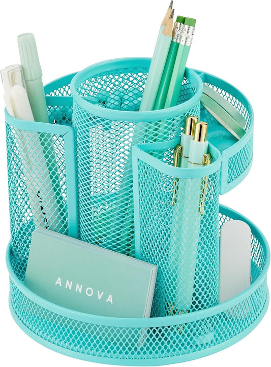 Annova Mesh Desk Organizer Rotate with 6 Compartments Round Spinning Tidy Candy/Pen Holder Desk Accessories Office, Art Supply, Storage, Classroom, Home (Turquoise)