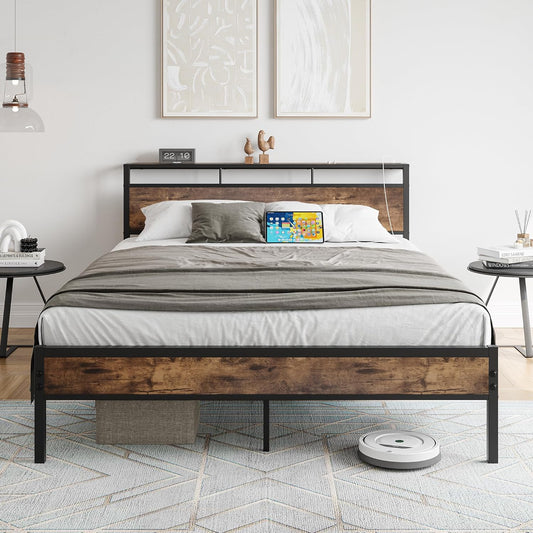 FOUBAM Queen Size Bed Frame, Storage Headboard with USB and TypeC Charging Station, Metal Platform Bed with Strong Supports,Sturdy and Noise-Free, No Box Spring Needed,Easy Assembly, Vintage Brown