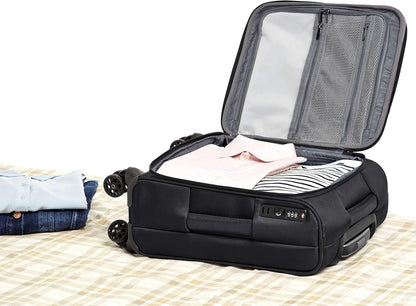 Amazon Basics 20-Inch Carry On Luggage, Softside Suitcase With TSA Lock, 8 Spinner Wheels, Front Exterior Pocket, 3 Interior Pockets For Dry and Damp Clothes/Towels Separately, Black