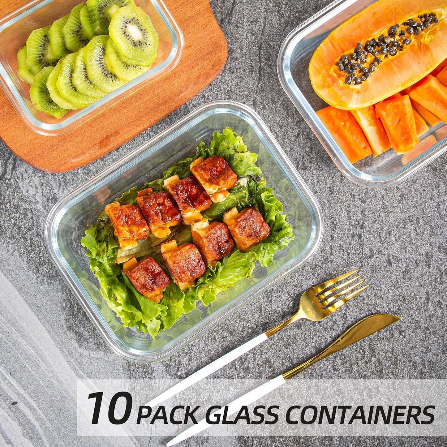 Glass Food Storage Containers with Lids Glass Containers for Meal Prep 10 Pack for Kitchen, Stackable, Airtight & Leak Proof