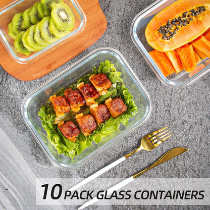 Glass Food Storage Containers with Lids Glass Containers for Meal Prep 10 Pack for Kitchen, Stackable, Airtight & Leak Proof