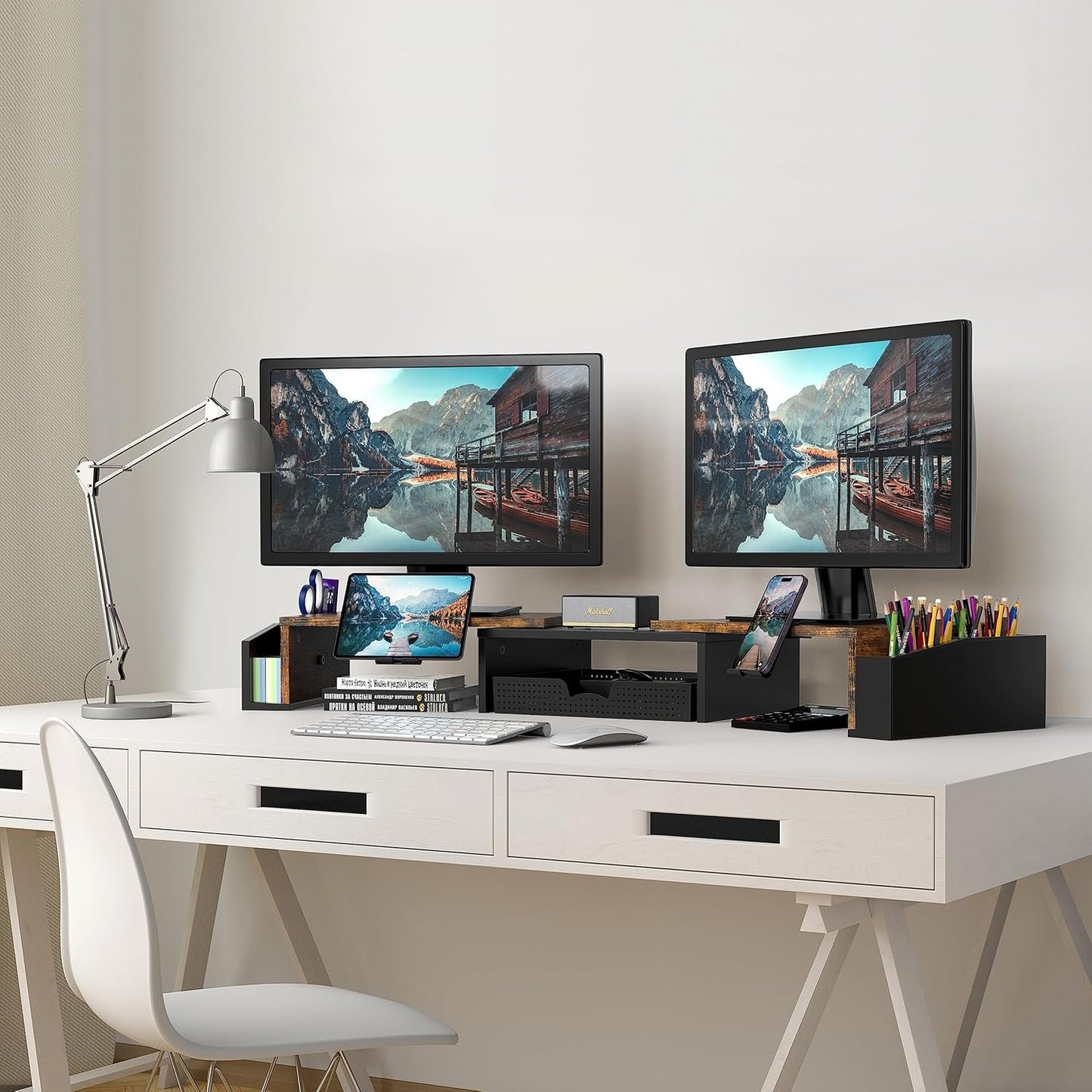 SimpleHouseware Dual Monitor Stand Riser of Adjustable Length and Angle Shelf with Holder and Drawer, Rustic Brown