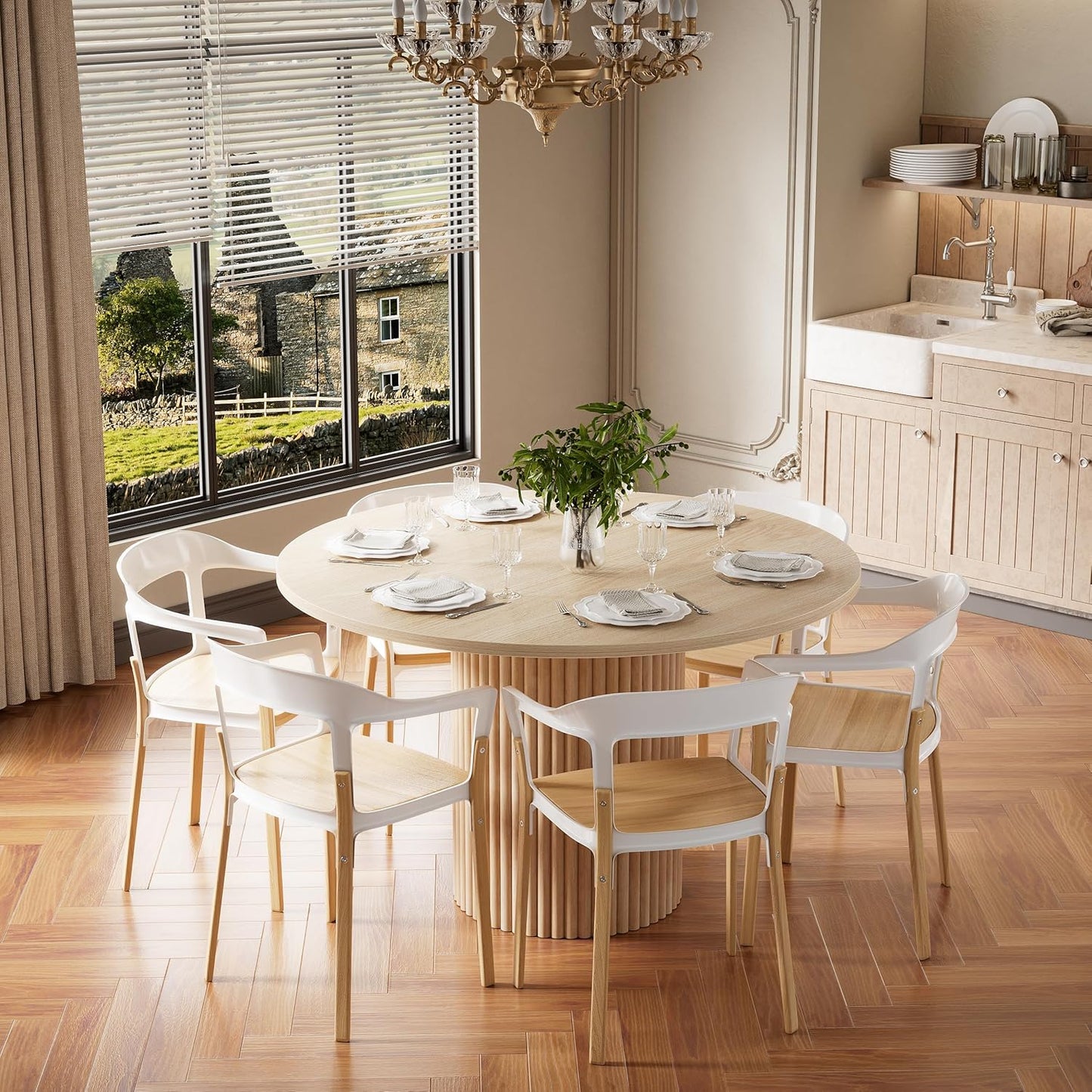 PAKASEPT Round Dining Room Table, 47" Circular Tabletop, Modern Kitchen Table with Solid Wood Pedestal Base, Leisure Coffee Table for 6 People, for Kitchen Dining Room