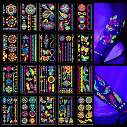 Glow In The Dark Party Supplies -160 Styles Neon Body Paint Accessories Blacklight Temporary Tattoo For Adult Fluorescent Face Fake tattoos Fiesta Rave Festival Decorations,20Sheet - TATUWST