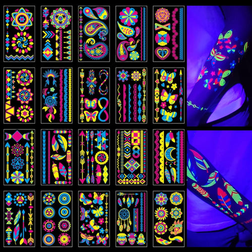 Glow In The Dark Party Supplies -160 Styles Neon Body Paint Accessories Blacklight Temporary Tattoo For Adult Fluorescent Face Fake tattoos Fiesta Rave Festival Decorations,20Sheet - TATUWST