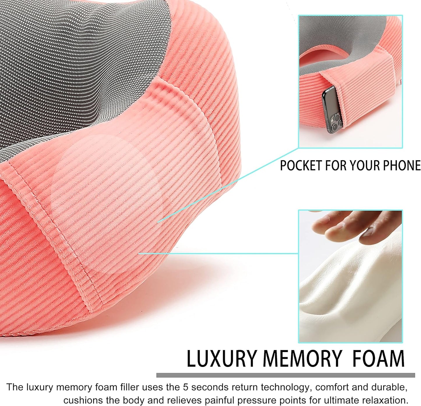 Travel Pillow, Memory Foam Neck Pillow with 360-Degree Head Support Comfortable Airplane Pillow with Storage Bag Lightweight Traveling Pillow for Sleeping, Car, Train, Bus and Home Use (Pink)