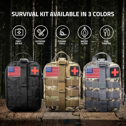 Emergency Survival Kit and First Aid Kit for Outdoor, Professional Outdoor Tools for Camping, Outdoor, Adventure, Hiking and Hunting, Survival Gear with Molle System
