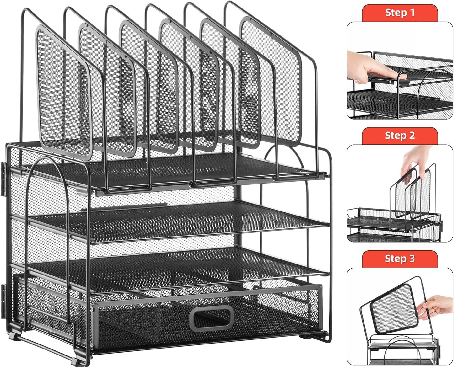 Marbrasse Mesh Desk Organizer, Office Desk Organizers and Accessories, Desktop File Organizer with Drawer and 2 Pen Holders, Desk Storage for Office, School, Home