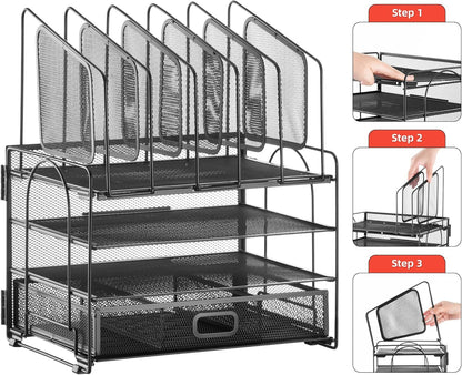 Marbrasse Mesh Desk Organizer, Office Desk Organizers and Accessories, Desktop File Organizer with Drawer and 2 Pen Holders, Desk Storage for Office, School, Home