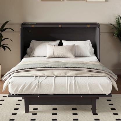 GDFStudio Queen Size Farmhouse Style Murphy Bed Cabinet with USB Charging Port, Solid Pine Wood Foldable Chest Bed with Large Storage Drawer for Guest Room, Small Apartment, or Home Office, Gray