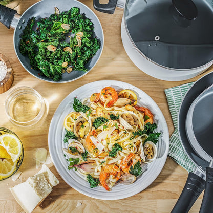 bella Nonstick Cookware Set with Glass Lids - Aluminum Bakeware, Pots and Pans, Storage Bowls & Utensils, Compatible with All Stovetops, 21 Piece, White