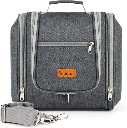Extra Large Hanging Travel Toiletry Bag for Women and Men, Hygiene Bag, Bathroom and Shower Organizer Kit with Elastic Band Holders for Toiletries, Cosmetics, Makeup, Brushes, Grey