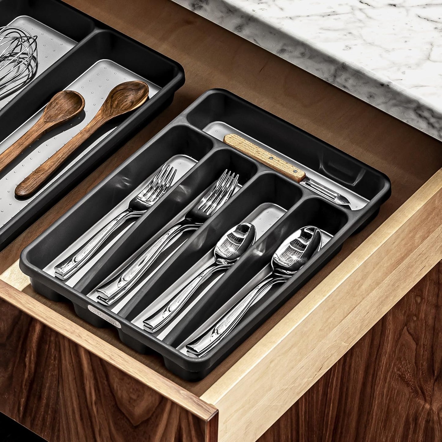 Madesmart Mini 5-Compartment Plastic Silverware Tray for Drawers, Cutlery and Utensil Tray Kitchen Drawer Organizer, Granite