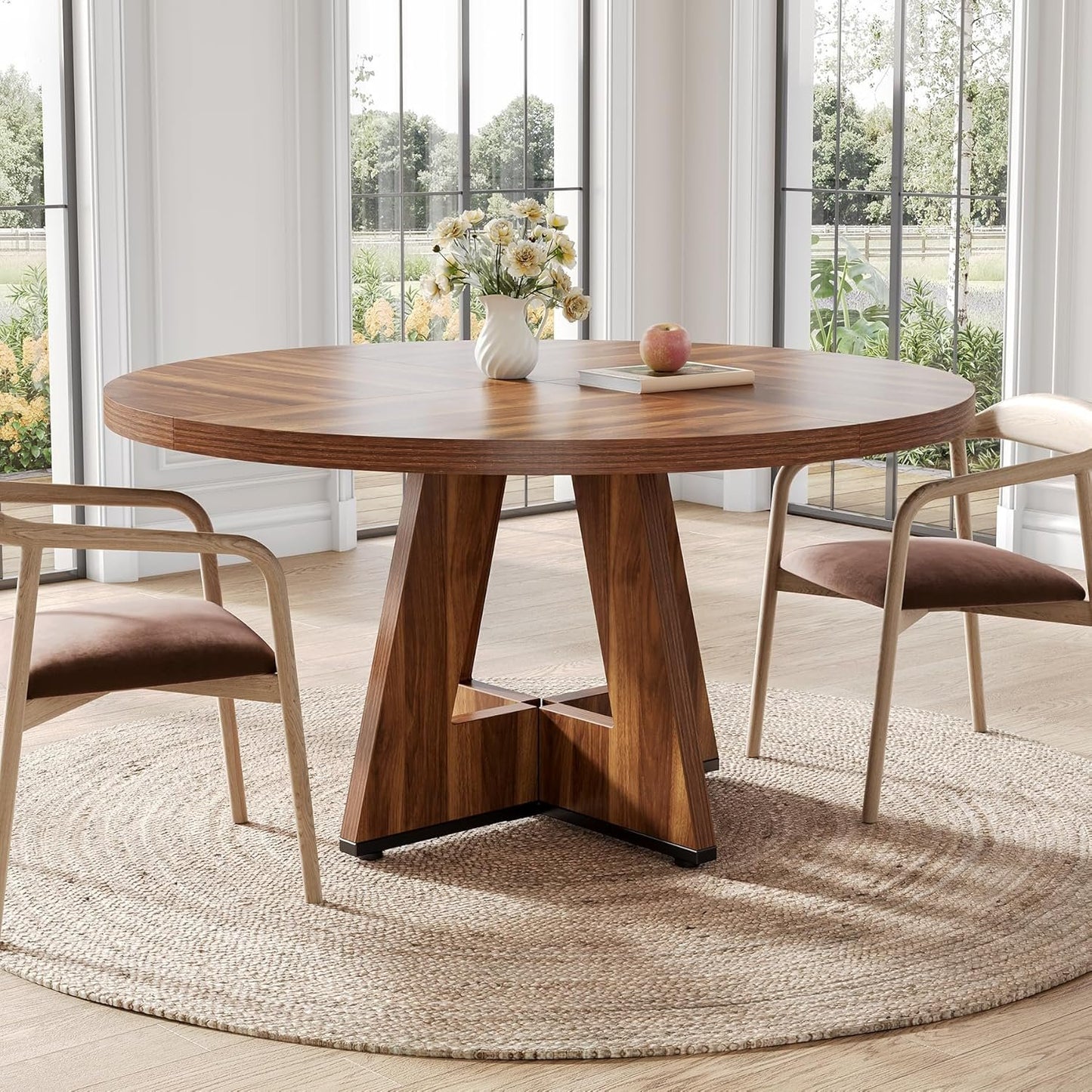 LITTLE TREE Round Dining Table for 4-6 People, 47 Inches Brown Dining Room Table with Wooden Pedestal Base, Farmhouse Dinner Tables, Circle Kitchen Tables for Dining, Kitchen, Living Room