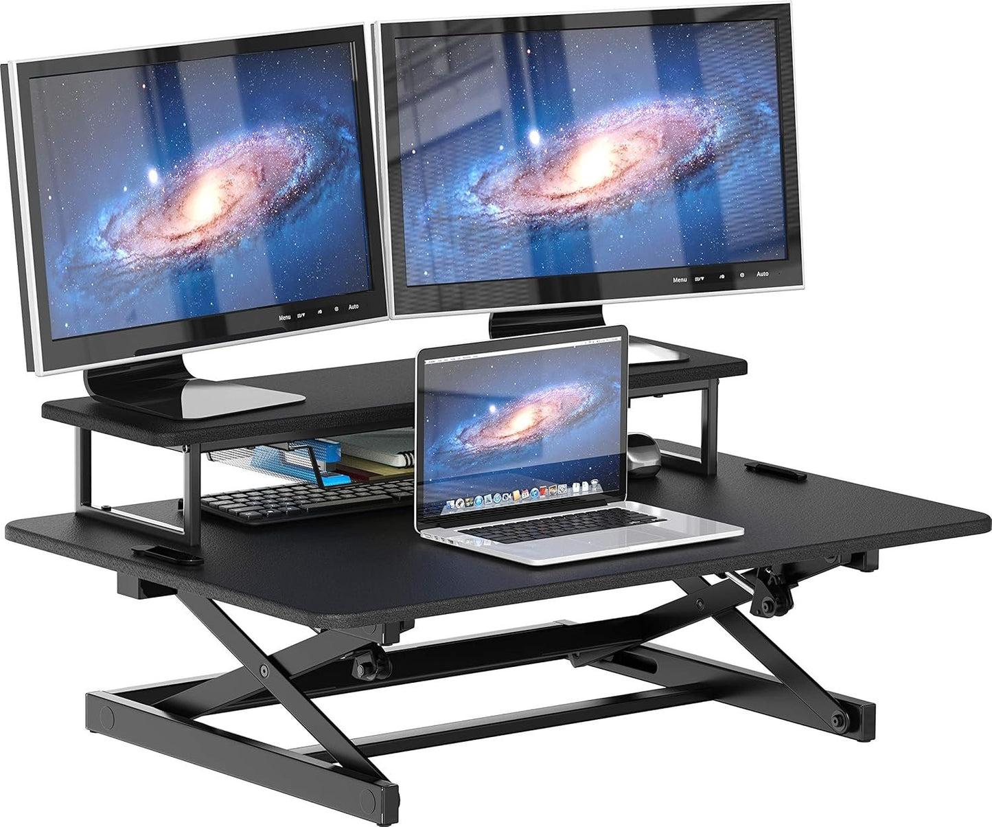 SHW Standing Desk Converter 36-Inch Pneumatic Height Adjustable with Monitor Riser, Black
