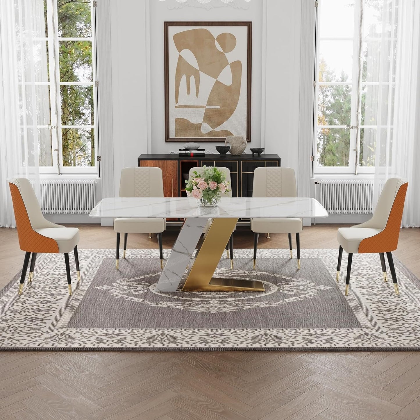 POVISON Modern Dining Table, White Dining Table for 6-8, Marble Dining Table with Rectangular Sintered Stone Tabletop, Z-Shaped Stainless Steel Base,White and Gold,78" Kitchen Table for Dining Room