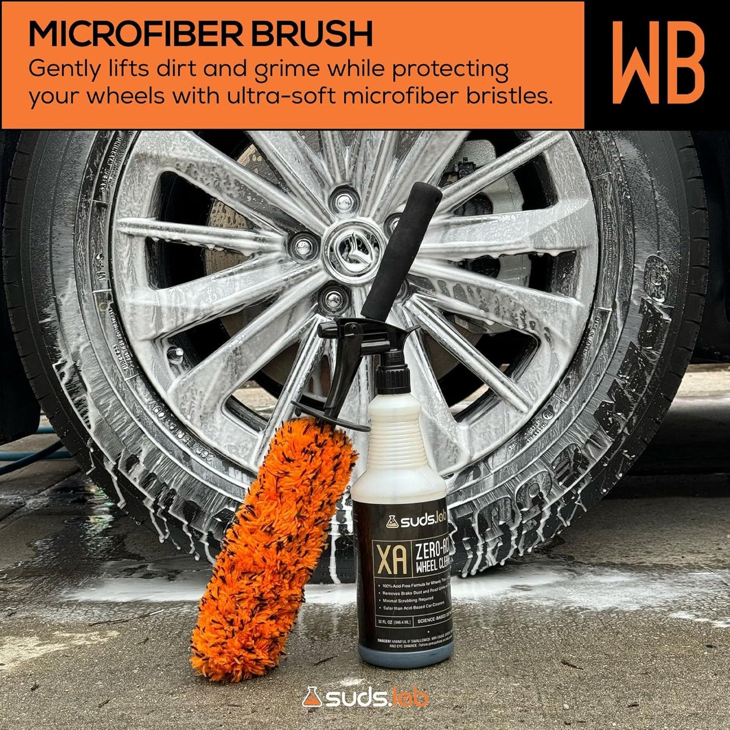 Suds Lab WB Premium Microfiber Wheel Cleaning Brush, Ultra-Soft Scratch-Free Car Detailing Tool for Rims, Tires, and Wheels, Ergonomic Handle, Machine Washable, Safe for All Vehicle Types, Reusable