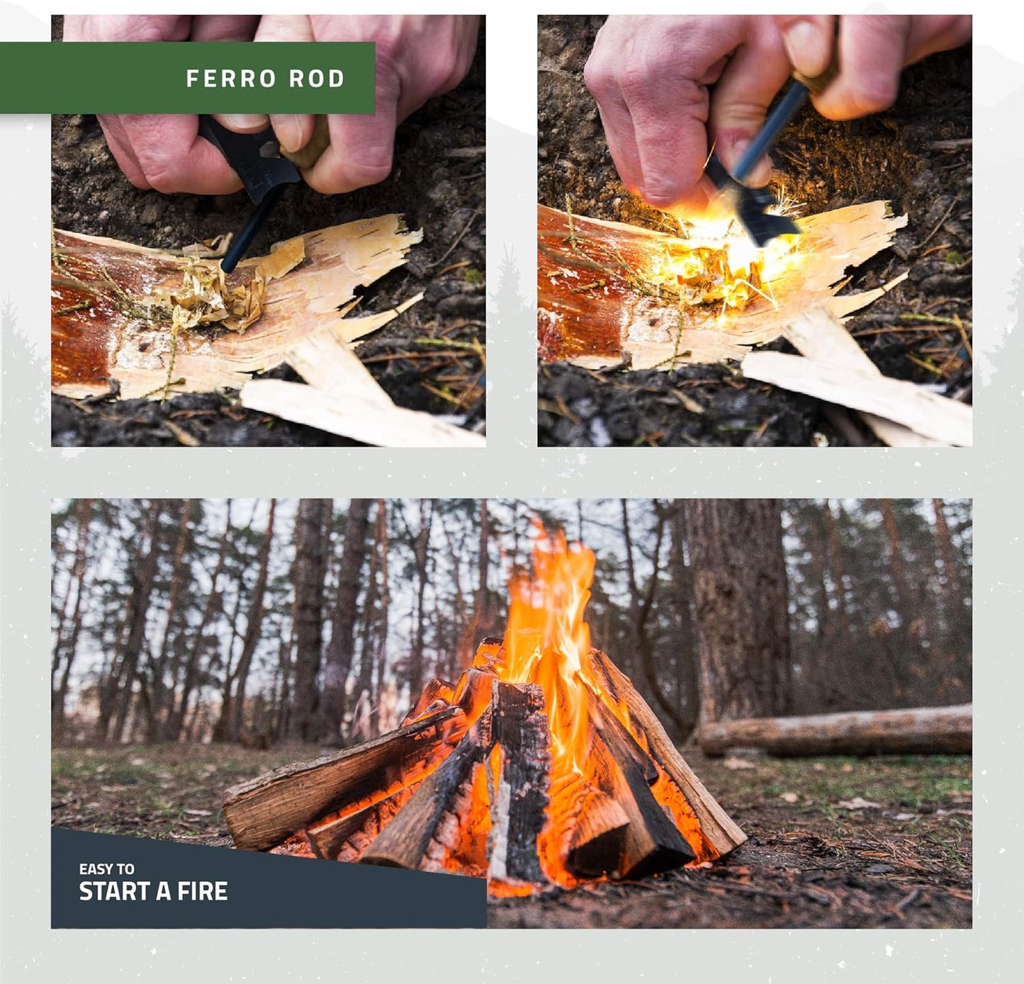RKR OUTDOOR Ferro Rod Flint Fire Starter Kit with Handcrafted Wood Handle |5/16"- 3/8" Thick 12000-15000 Strikes |Survival Flint and Steel Rods with Multi-Tool Striker and Paracord Lanyard for Camping