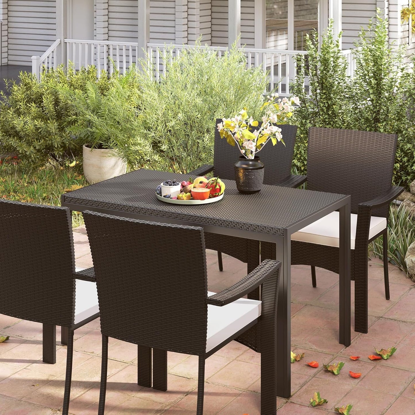 Outsunny 47" Patio Dining Table for 4 Persons, Rectangular Outdoor Table with PE Rattan Wicker Tabletop, Steel Frame for Backyard and Lawn, Black