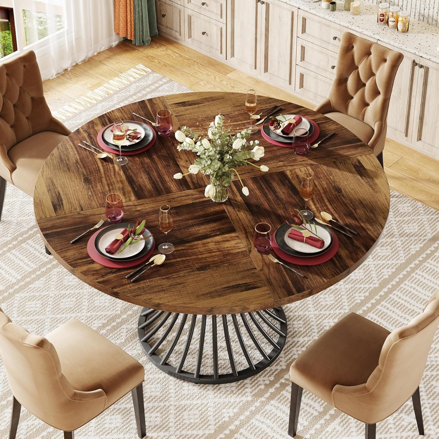 Tribesigns Round Dining Table for 4-6 People, 47-Inch Farmhouse Dinning Room Table Circle Kitchen Table, Industrial Dinner Table with Metal Base for Kitchen, Living Room, Rustic Brown