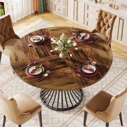 Tribesigns Round Dining Table for 4-6 People, 47-Inch Farmhouse Dinning Room Table Circle Kitchen Table, Industrial Dinner Table with Metal Base for Kitchen, Living Room, Rustic Brown