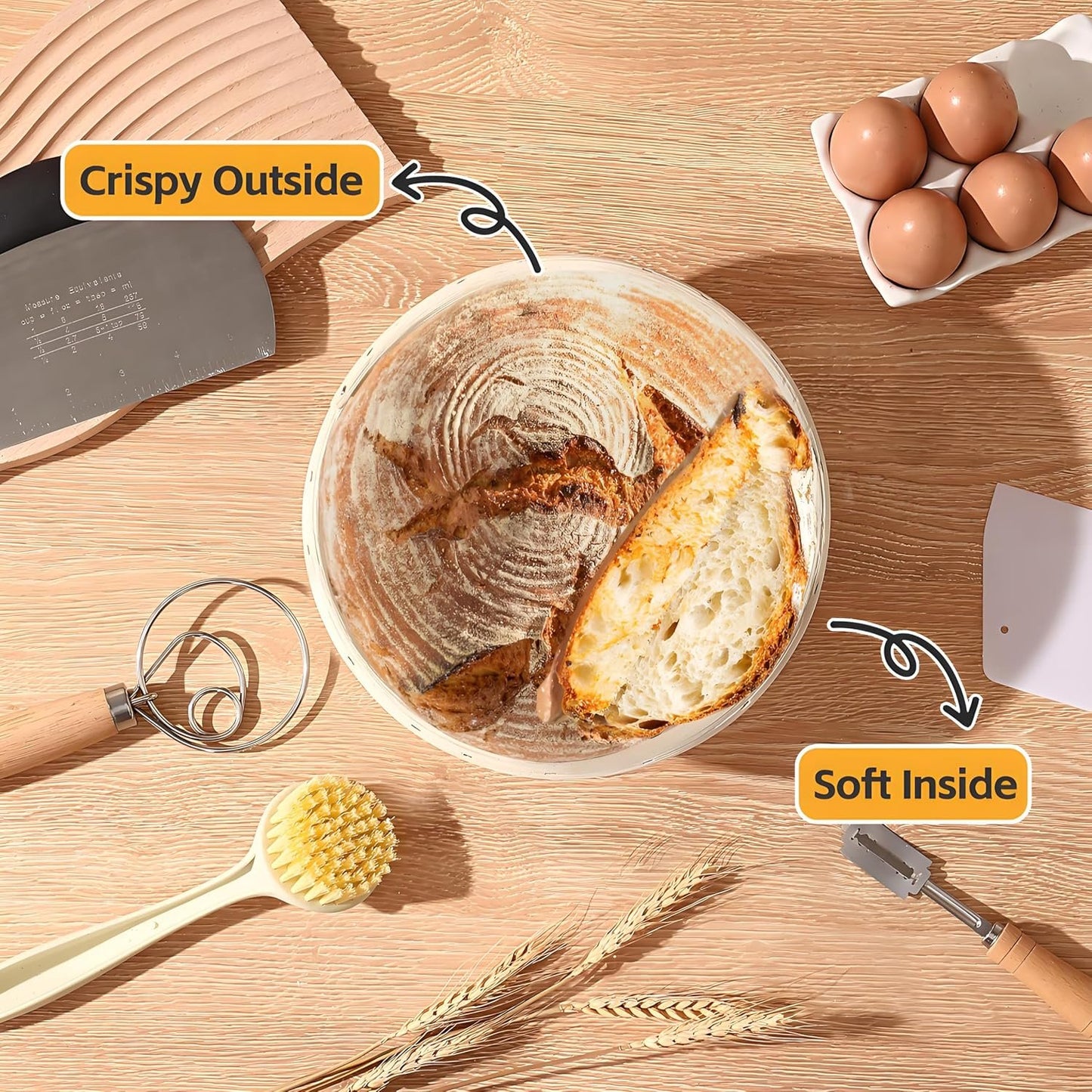 KOACKL Sourdough Starter Kit, 10" Oval Banneton Sourdough Bread Baking Supplies with Bread Scoring Lame, Scrapers, Dough Whisk, Sourdough Proofing Basket Tools for Fermentation