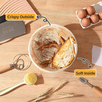 KOACKL Sourdough Starter Kit, 10" Oval Banneton Sourdough Bread Baking Supplies with Bread Scoring Lame, Scrapers, Dough Whisk, Sourdough Proofing Basket Tools for Fermentation