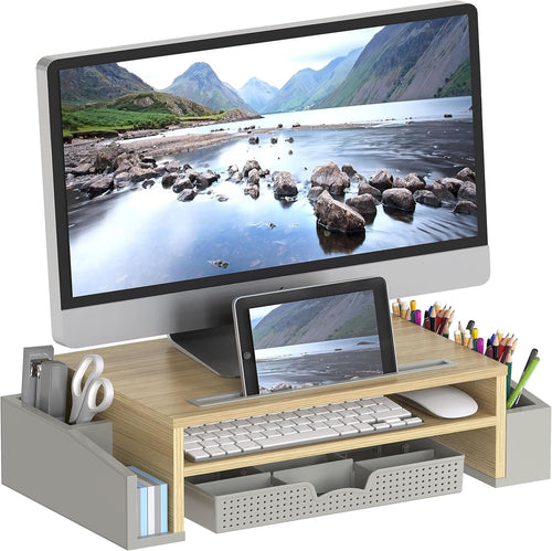 SimpleHouseware Monitor Stand Riser with Drawer and 2 Side Desk Organiser, Oak