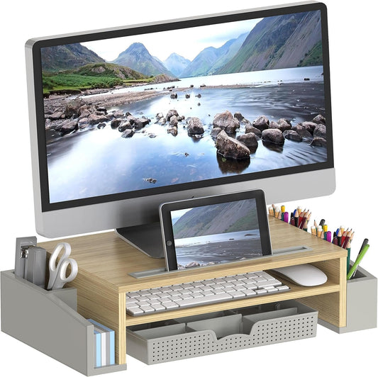 SimpleHouseware Monitor Stand Riser with Drawer and 2 Side Desk Organiser, Oak
