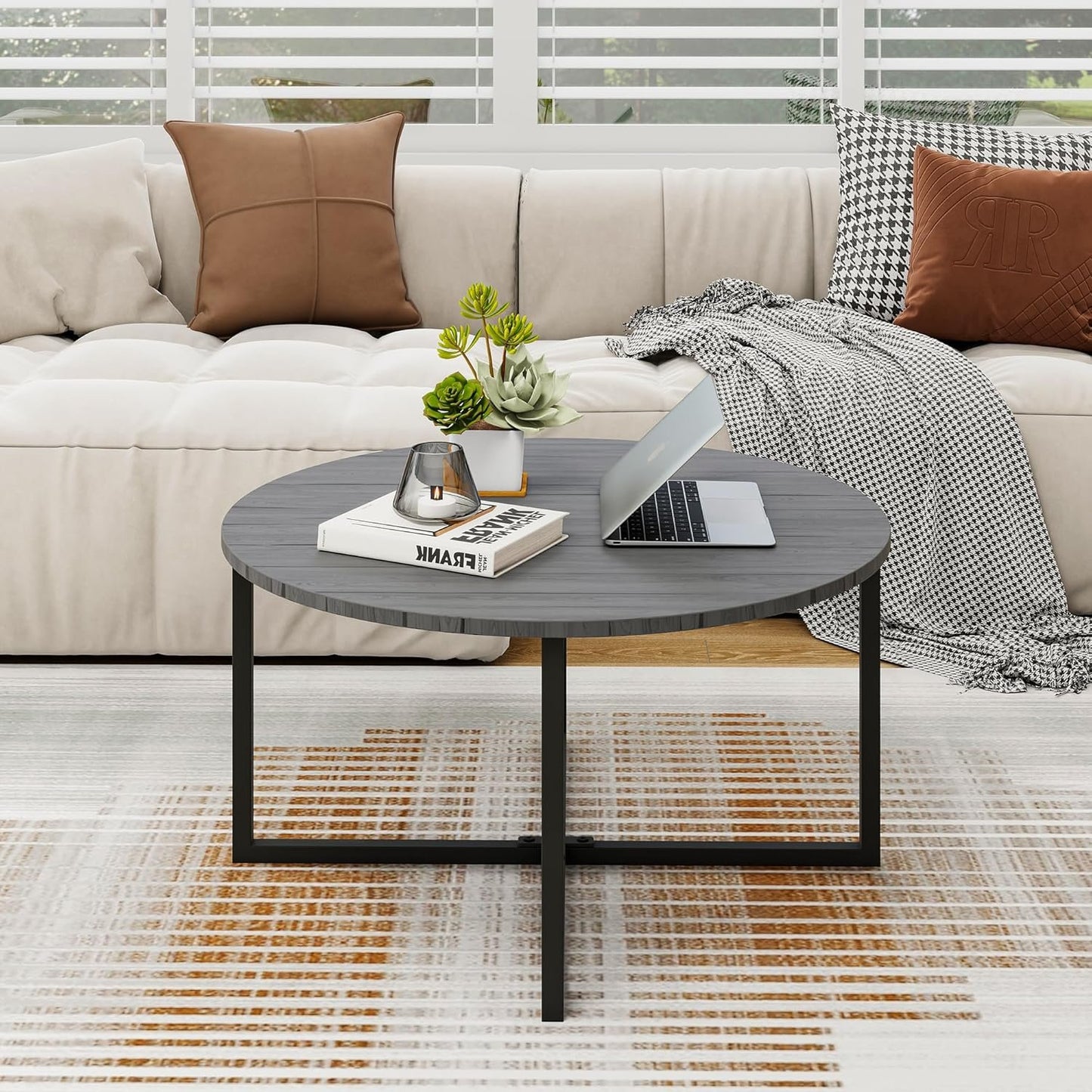 Diolong Round Coffee Table Center Table Living Room Side Table Dining Table with Metal Frame Small Coffee Tables for Small Spaces, Grey Oak