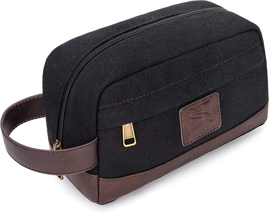 Seemeroad Travel Toiletry Bag for Men and Women, Canvas Toiletry Organizer Water-Resistant Vegan Leather, Hanging Dopp Kit Shaving Bag for Toiletries Accessories (Black, Medium)