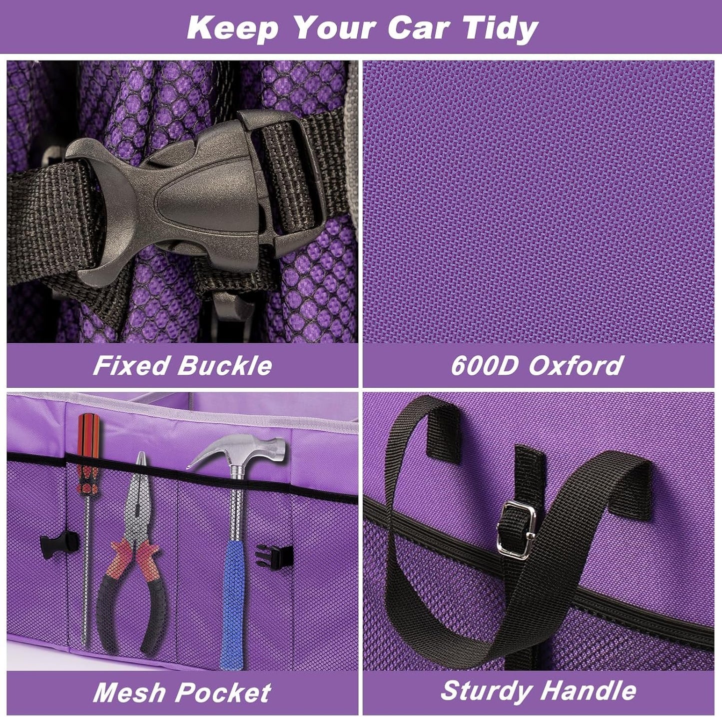 GPUSFAK Collapsible Trunk Organizer, 75L Large Capacity Portable Car Storage for SUV, Purple, 2 Compartments