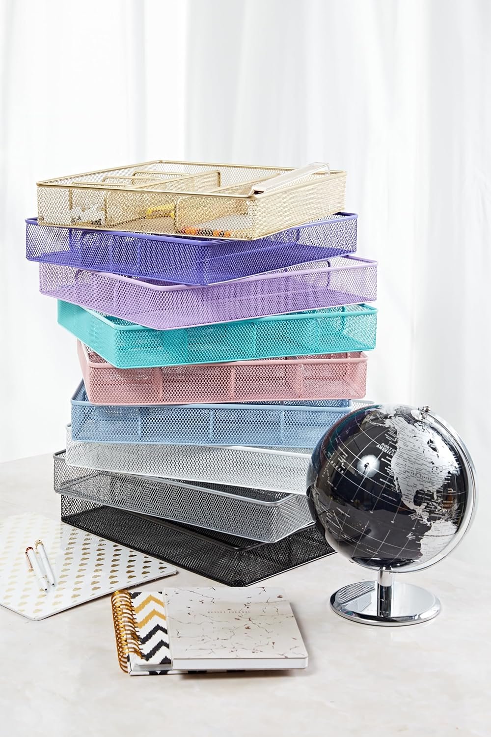 Annova Desk Drawer Organizer/Storage Tray - Metal Mesh with Dividers for Pens, Desktop Accessories, Bathroom, Kitchen, Makeup and Office Supplies (Light Pink)