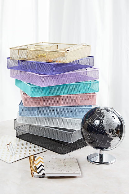 Annova Desk Drawer Organizer/Storage Tray - Metal Mesh with Dividers for Pens, Desktop Accessories, Bathroom, Kitchen, Makeup and Office Supplies (Light Pink)