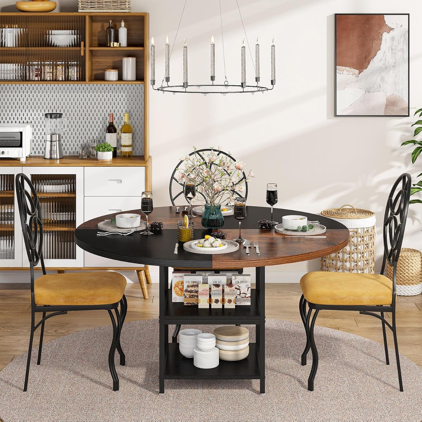 Tribesigns 47 inch Round Dining Table for 4, Wood Kitchen Table Large Dinner Table with Storage Shelf Metal Legs for Home Dining Room Living Room, Black Rustic Brown