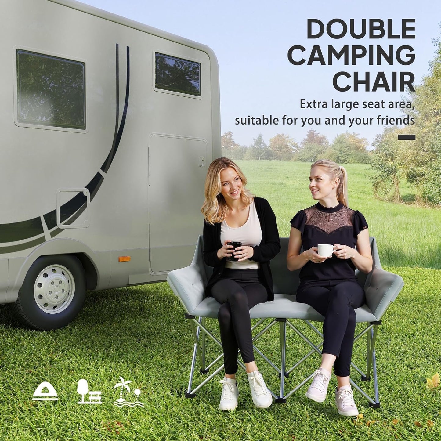 Outsunny Double Camping Chair, Oversized Camping Loveseat for Adults, Heavy Duty Folding Camp Chair with Side Pockets for Hiking, Picnic, Beach, Support 529 lbs, Grey