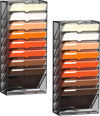 SUPEASY 10-Tier Wall File Organizer Hanging Wall File Holder for Papers, Folders, Files Clipboard & Magazine Organization Great for Office Home, Black 2 Pack