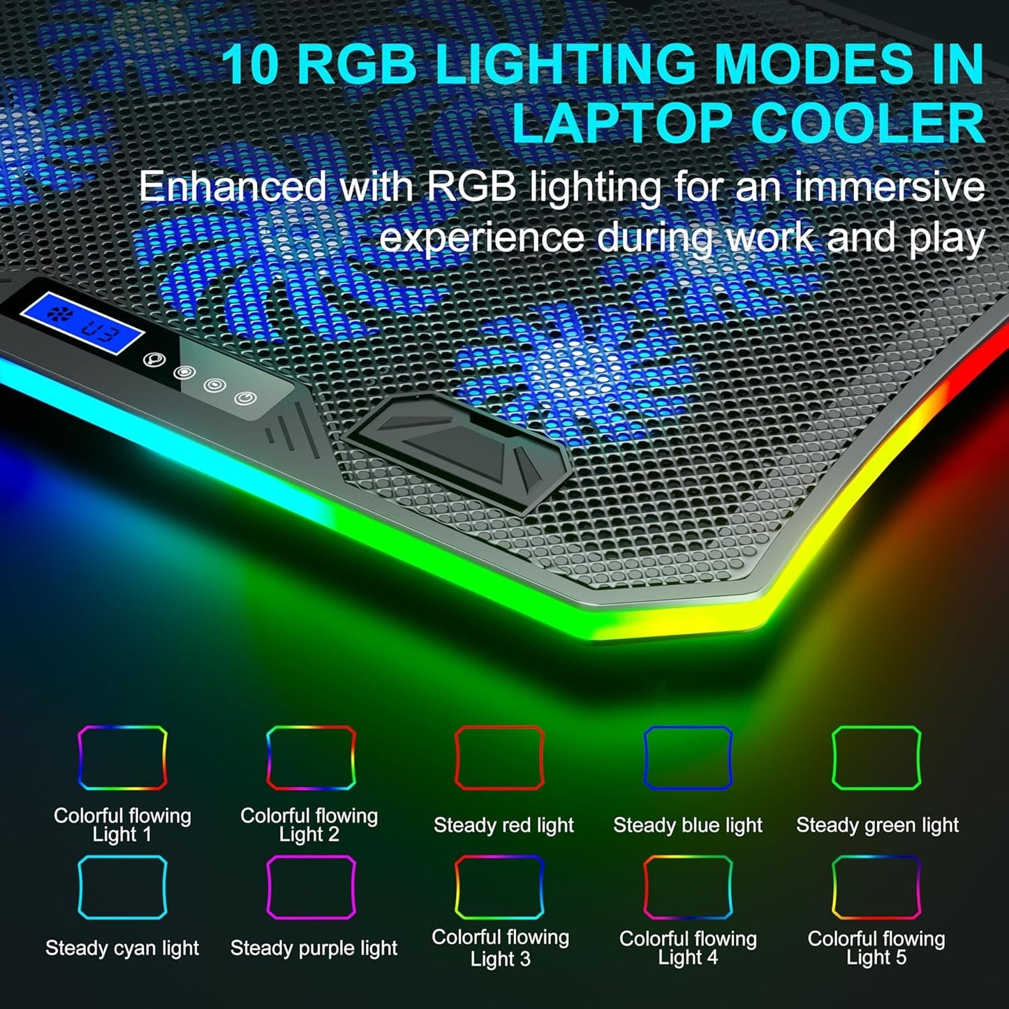 Laptop Cooling Pad RGB Gaming Notebook Cooler for Desk and Lap Use, MOOJAY Laptop Fan Stand 8 Adjustable Heights with 8 Quiet Fans and Phone Holder, for 15.6-17.3 Inch Laptops - Blue LED Light