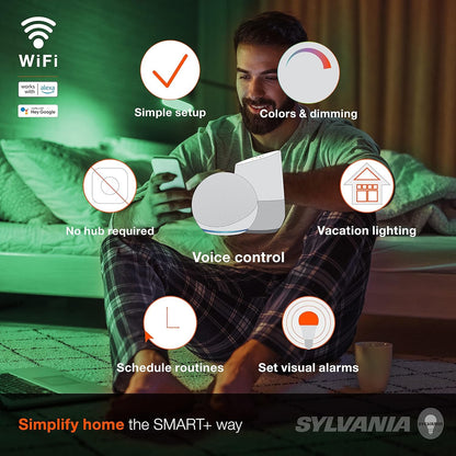 SYLVANIA Wifi LED Smart Light Bulb, 60W Equivalent Full Color and Tunable White A19, Dimmable, Compatible with Alexa and Google Home Only - 4 Pack (75674)