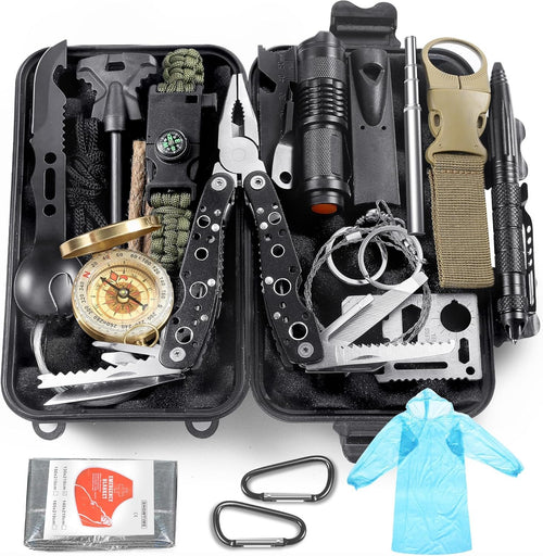 Graxury 14-in-1 Multi-Purpose Emergency Survival Kit & Camping Accessories, Flint, Multi-Purpose Card, Emergency Blanket, Flashlight and More for Camping, Fishing, Hunting