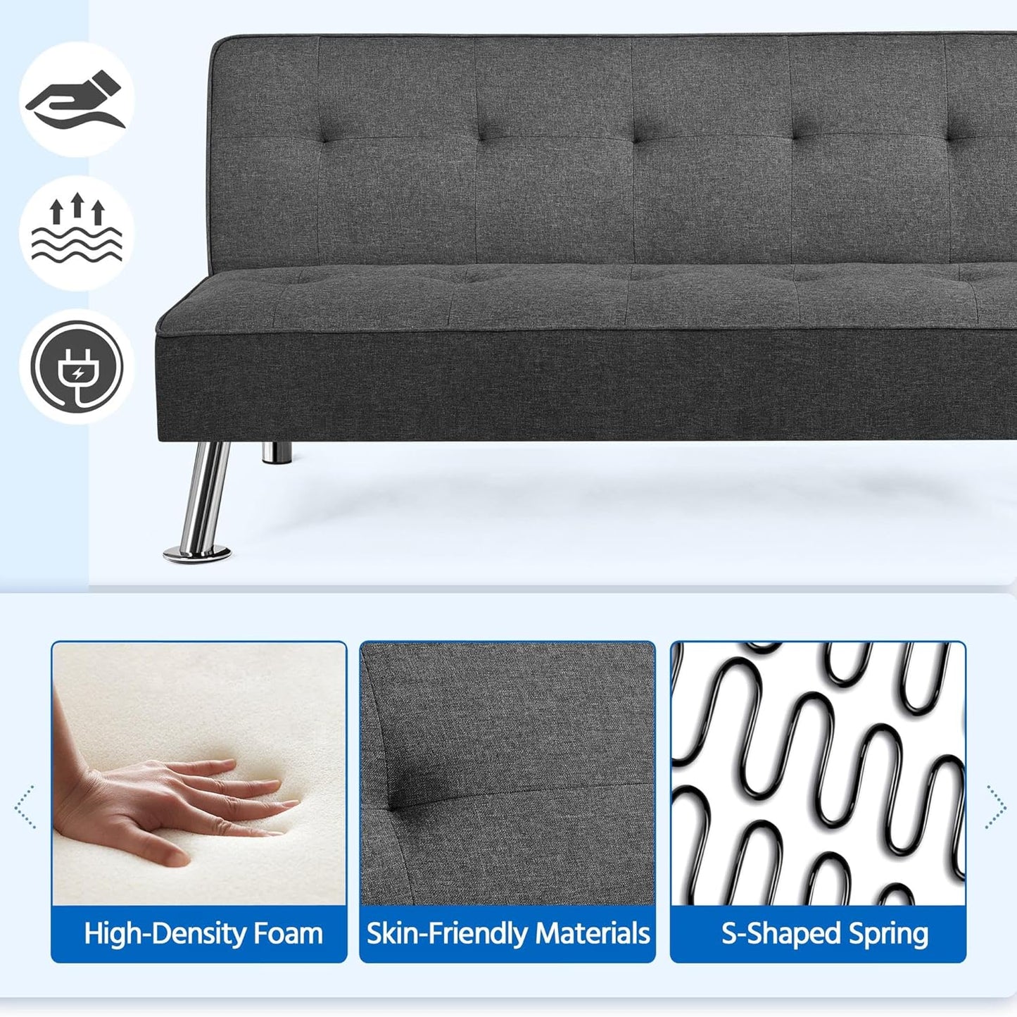 Yaheetech Reclining Sofa Bed with Padded Seat Convertible into Bed 105° – 180° Adjustable Living Room Living Room Guest Room Furniture for Resting Dark Grey/Fabric